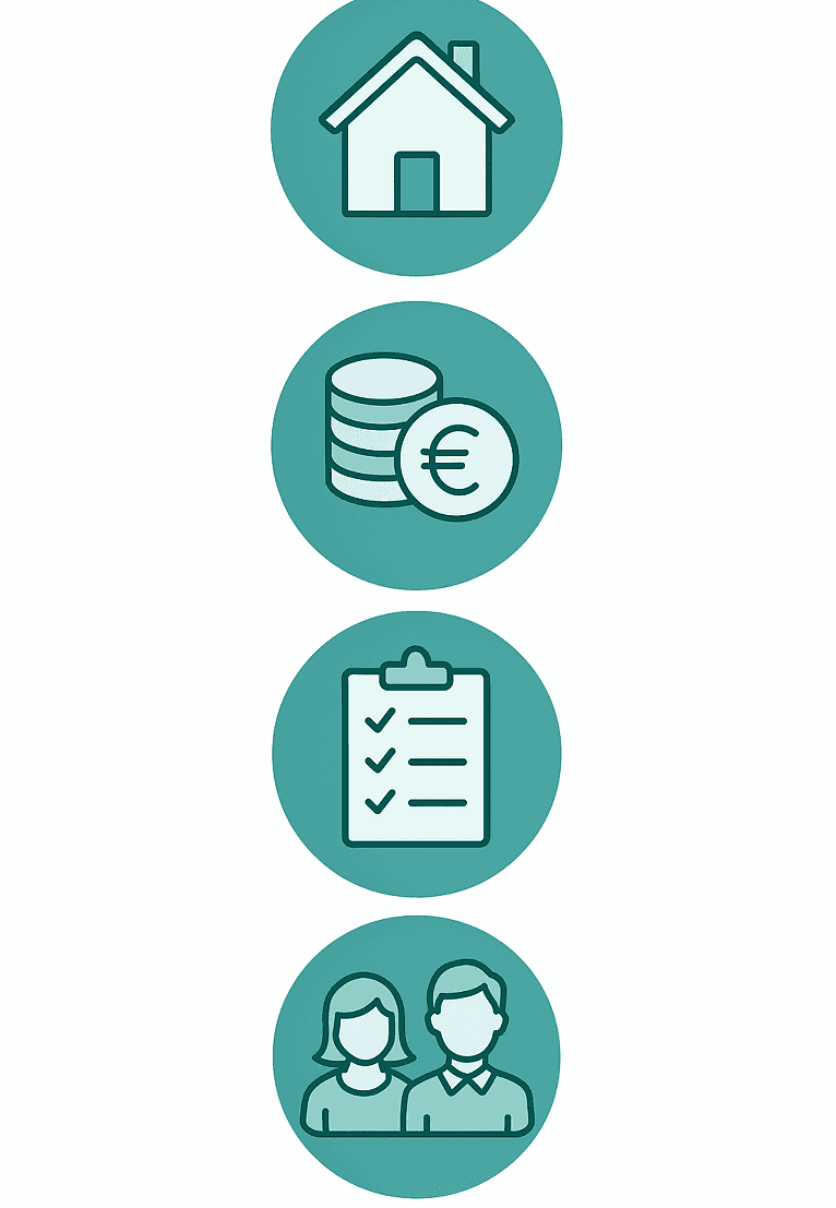 Infographic met iconen over de belangrijkste vragen bij verkoop op lijfrente, waaronder woning, geld, checklist, partner en veiligheid